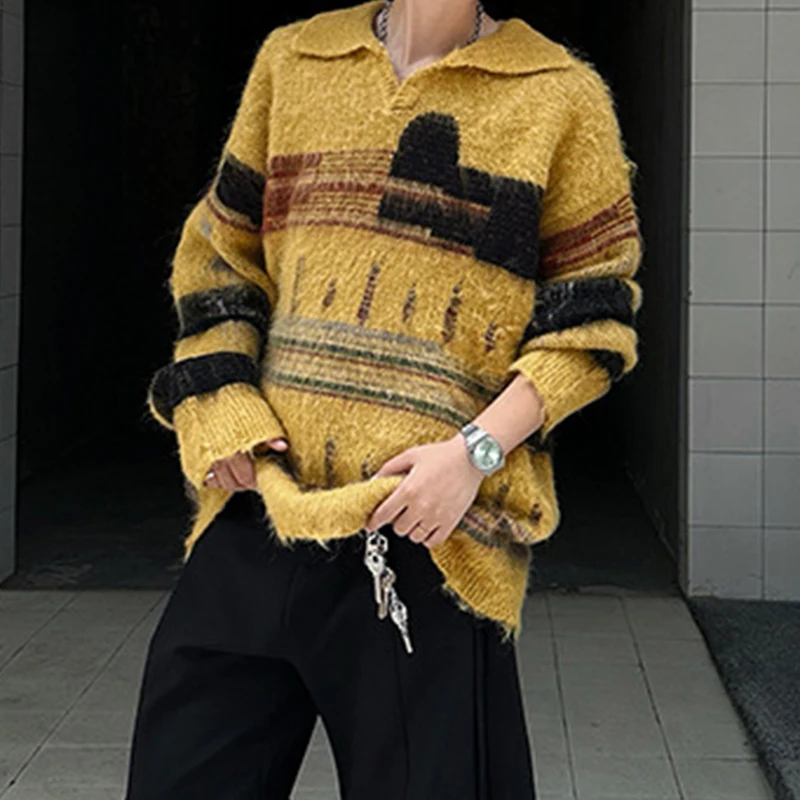 أنيق رجالي التباين اللون البلوزات الخريف الشتاء في الهواء الطلق عادية كم طويل التلبيب متماسكة لاعبا الرجال Vintage قميص بولو متماسكة #2