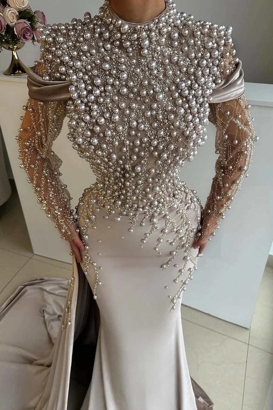 فساتين سهرة أنيقة حورية البحر رقبة عالية لؤلؤ كم طويل مناسبة فساتين لحضور الحفلات الموسيقية Fساتين Shrase مصنوعة حسب الطلب