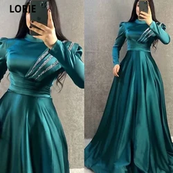 LORIE Bright Emerald Green High Beck A-line Evening Dresses Full Sleeves Formal Party Prom Gowns Dubai Dresses Vestidos De Festa