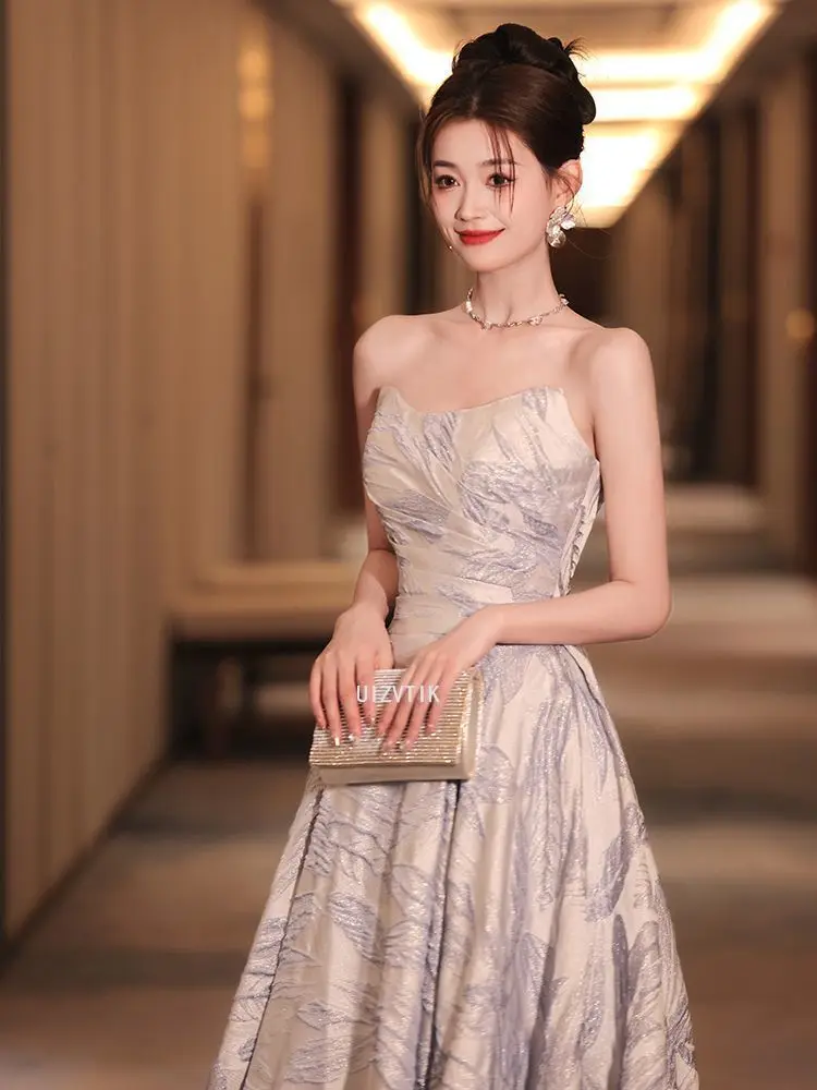 Sem alças a linha vestidos de noite feminino fora do ombro impresso tecido vestido de baile vestidos de festa de aniversário elegante vestido de ocasião formal