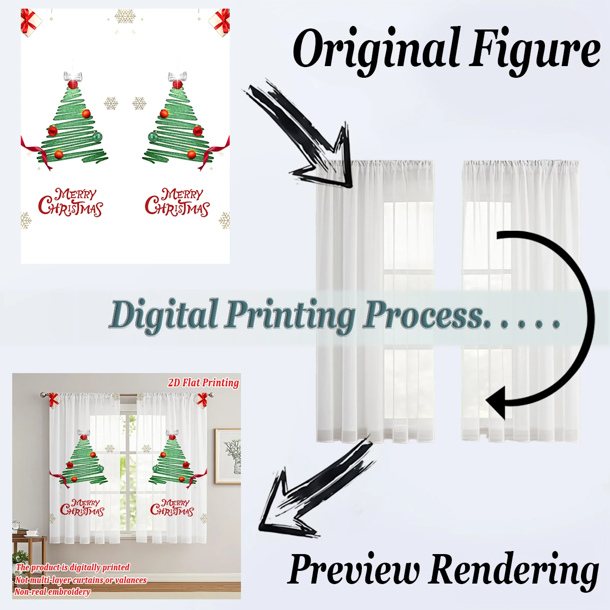 ستارة شفافة للمطبخ بطباعة مسطحة لعيد الميلاد مع صندوق هدايا ندفة الثلج لأشجار عيد الميلاد المجيد لحفلات ديكور المنزل