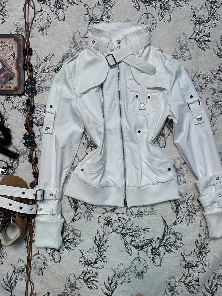 سترة دراجات نارية بيضاء أصلية بطراز Y2K من Aibi، ملابس خارجية للخريف المبكر، تصميم فريد وجميل للنساء، مزيج قطني مع سحاب وغطاء...