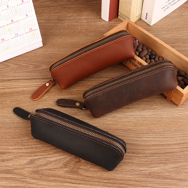 Vintage Leather Pencil Bag Simple Stationery Hoder Pen Case Storage Bag Zipper Pencil Pouch Glasses Box School Supplies