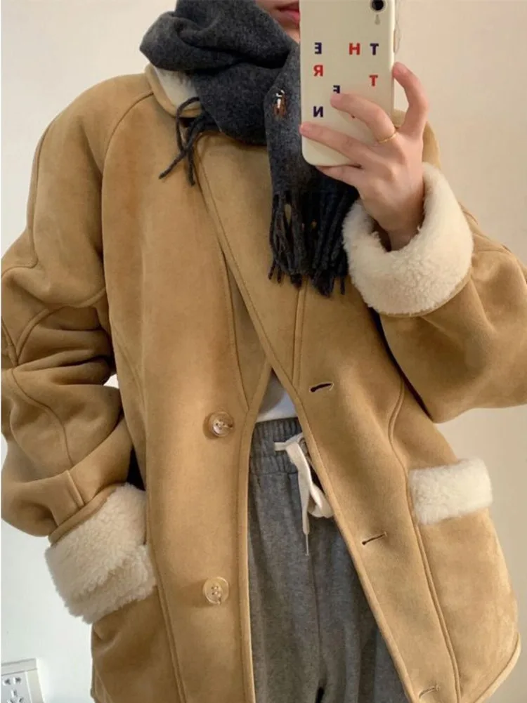 Women Winter Fleece Thickened Lamb Fur Jacket New Sheepskin Suede Leather Coat Fashion Lamb Fleece Parka Women Outerwear