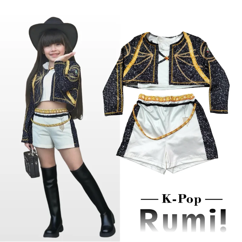 

Новый фильм K-Pop Rumi Hunters Косплей Костюм для девочек Хэллоуин Демон Черно-белый жилет Пальто и шорты Комплект из трех предметов Платье