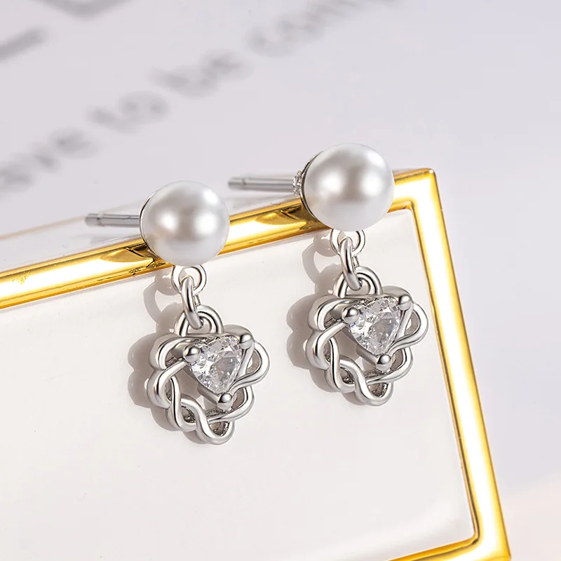 Elegant 925 Silver Earrings Zircon Love Heart Pearl Ear Jewelry For Women Sweet Small Cute Hollow out Irregular lines Earring