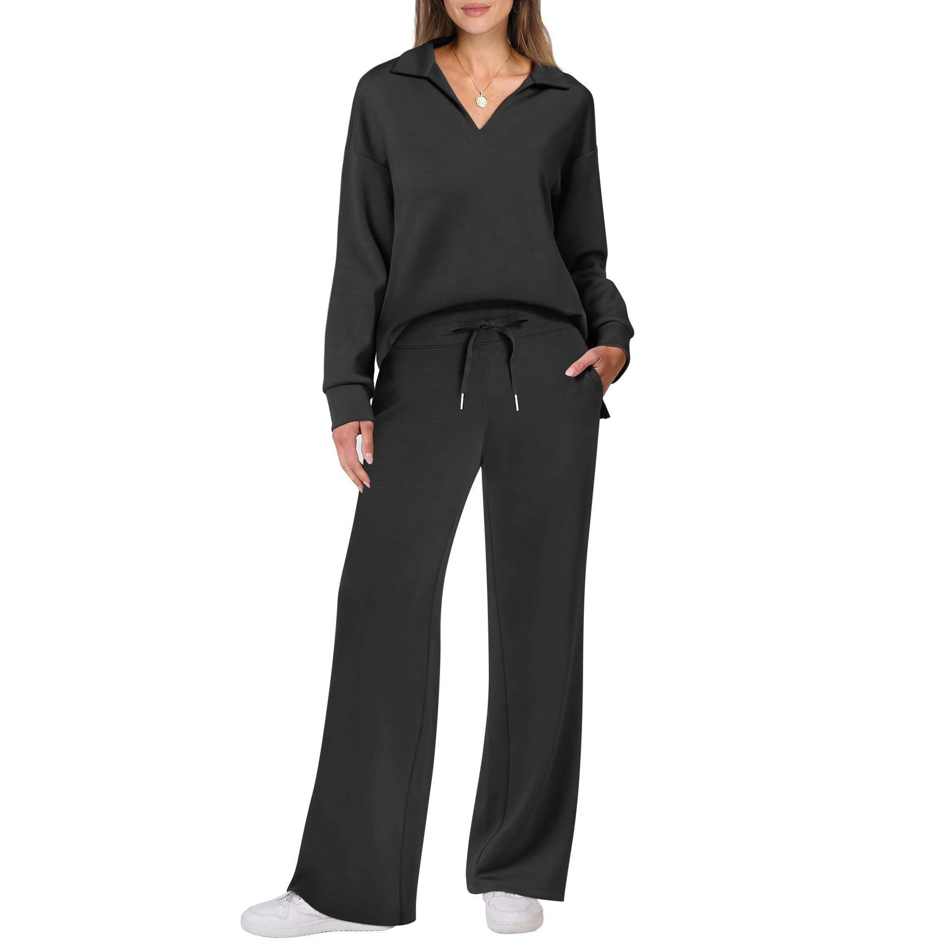 Neues Damen-Freizeitset: Locker sitzendes V-Ausschnitt-Oberteil mit langen Ärmeln und ausgestellter Hose mit Kordelzug – Zweiteiliges Set im Street-Style aus Polyester