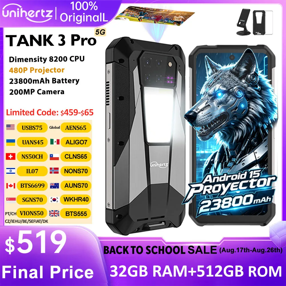 Unihertz Tank 3 Pro 8849 Robustes 5G-Smartphone Android mit 100 Lumen Projektor 32 GB 512 GB 23800 mAh 6,79 Zoll FHD wasserdichtes Telefon