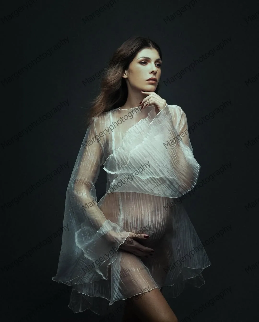 فستان حمل فريد من نوعه شفاف مكشكش للنساء بقماش شفاف فساتين قصيرة للتصوير الفوتوغرافي أنيقة بأكمام مضيئة من التول فستان الحمل