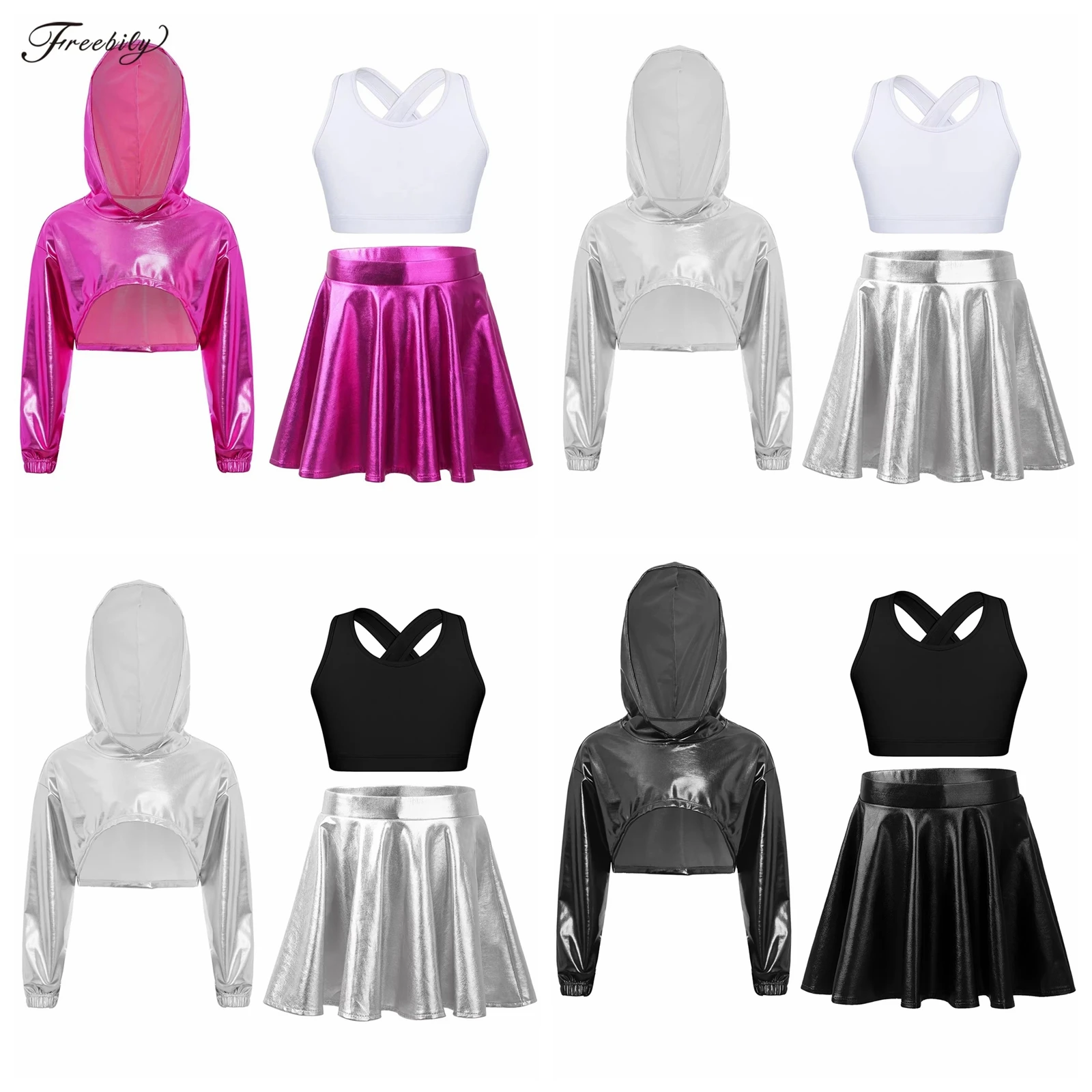 kids-girls-long-sleeve-metallic-hoodie-cropped-vest-ruffled-skirt-carnival-rave-party-suits-disco-hip-hop-jazz-dance-costume