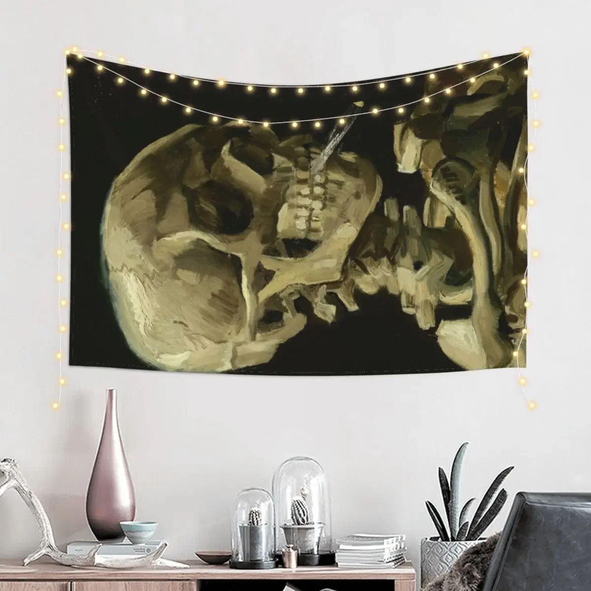 Skull of a Skeleton with Burning Cigarette - Van Gogh Tapestry Carpet On The Wall Room Decoration Accessories Wall Art Tapestry