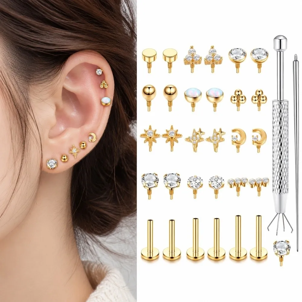 32pcs Stainless Steel Lip Piercing Jewelry Set Internal Thread Professional Earring Applicator Piercing Kit Earring Applicator