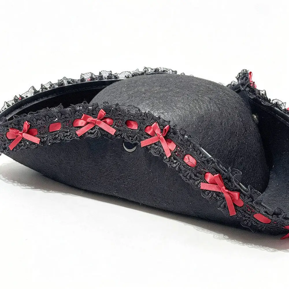 Vintage Pirate Hat Faux Leather Gothic Tricorne Cap Lace Ruffle Bowknot Headpiece Halloween Carnival Party Costume Prop