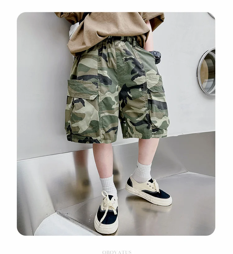 Kinder Sommer Camouflage Shorts für Jungen im Teenageralter, Freizeitkleidung, Baumwolle, elastischer Bund, Cargo-Shorts mit Tasche für Teenager. – Detail 5