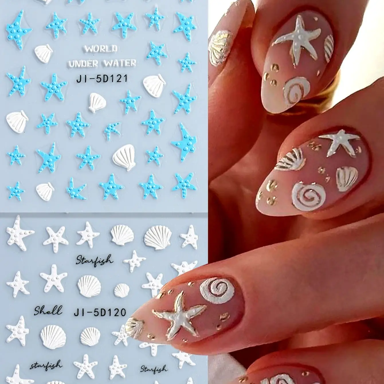 Sommerliche Ozean-Nagelkunst-Aufkleber - Rosa-weiße Muschel, Seepferdchen, Seestern, selbstklebende Nagelsticker, DIY-Nageldekorationen für Frauen