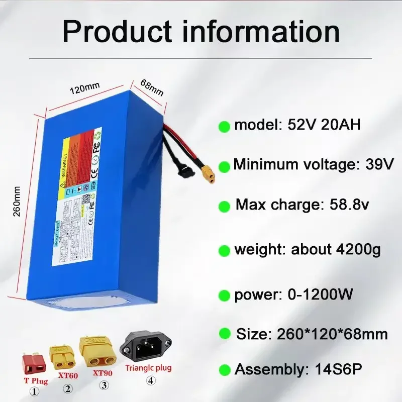 52V 20Ah Li-ion Battery Pack 18650-14S6P Built-in High Power BMS for 48V 0-1200W spare battery high quality Battery+ 3A charger