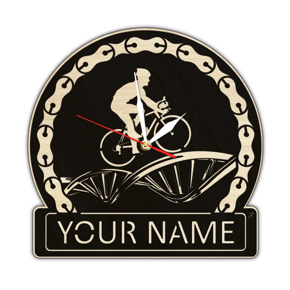 Personalized Mountain Bike Rider Name Wooden Wall Clock Bicycle Rustic Extreme Sports Home Decor Clock Custom Text Wall Watch