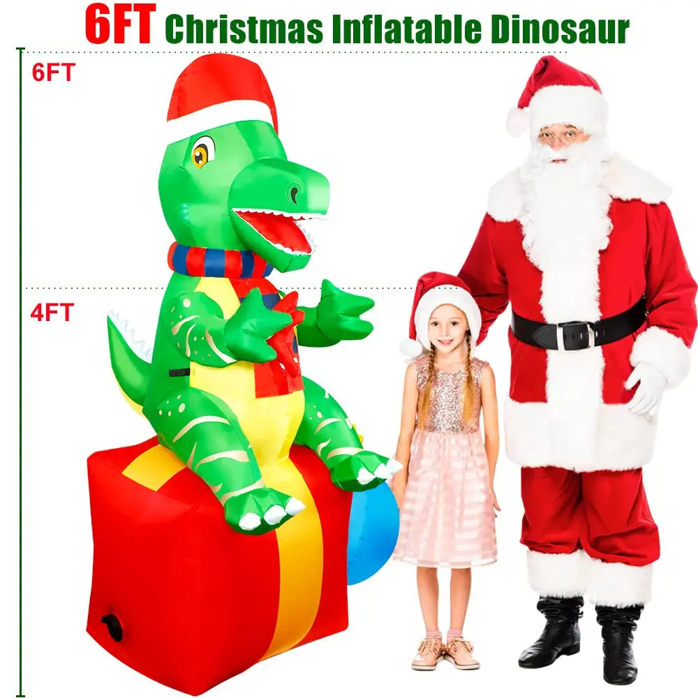 Ourwarm 6FT Dinosaur Christmas Inflatable Outdoor Decoration With Xmas Hat Gift Box Little Monster Build-in LED For Garden Decor