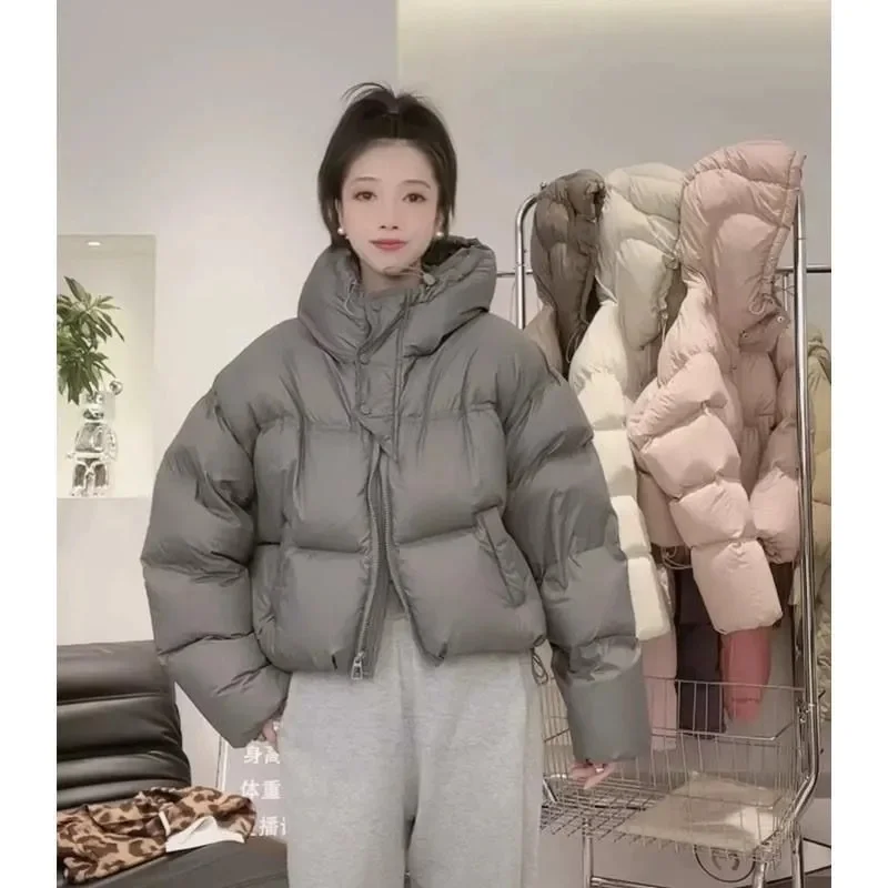 2024 New Korean Women\'s Puffer Jacket Winter Parka Trendy Down Cotton-padded Cropped Coat Hooded Loose Thicken Warm Short Jacket