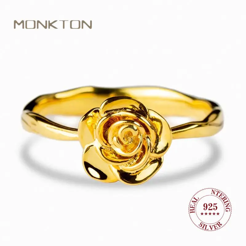 

Monkton Gold Color Silver 925 Rose Flower Finger Rings for Women Fashion Silver Rings Vintage Jewelry Gift Anillos Bague Femme