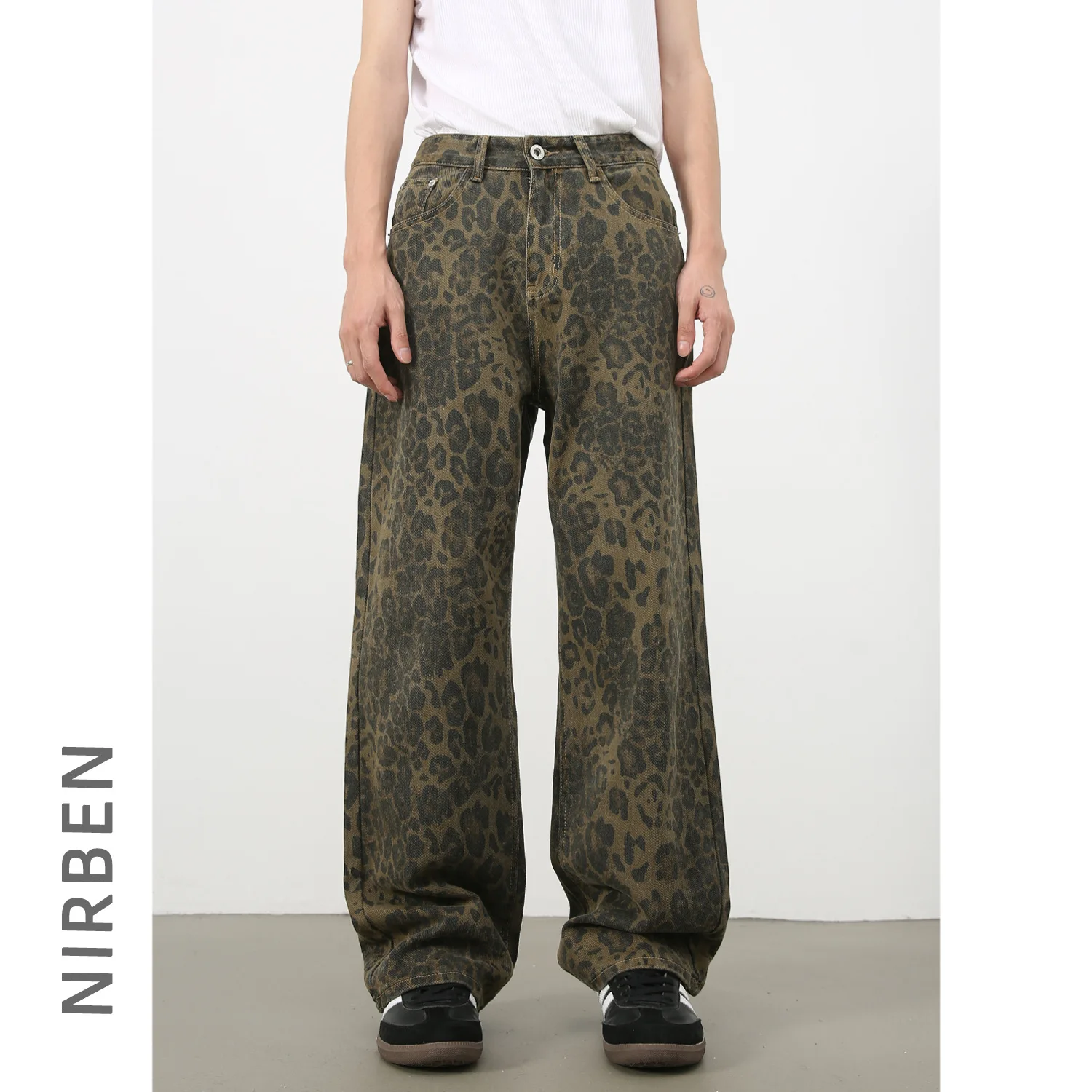 Denim American Leopard Print Camouflage Jeans Men's Retro Washed Old Loose Wide-leg Straight-leg Pants