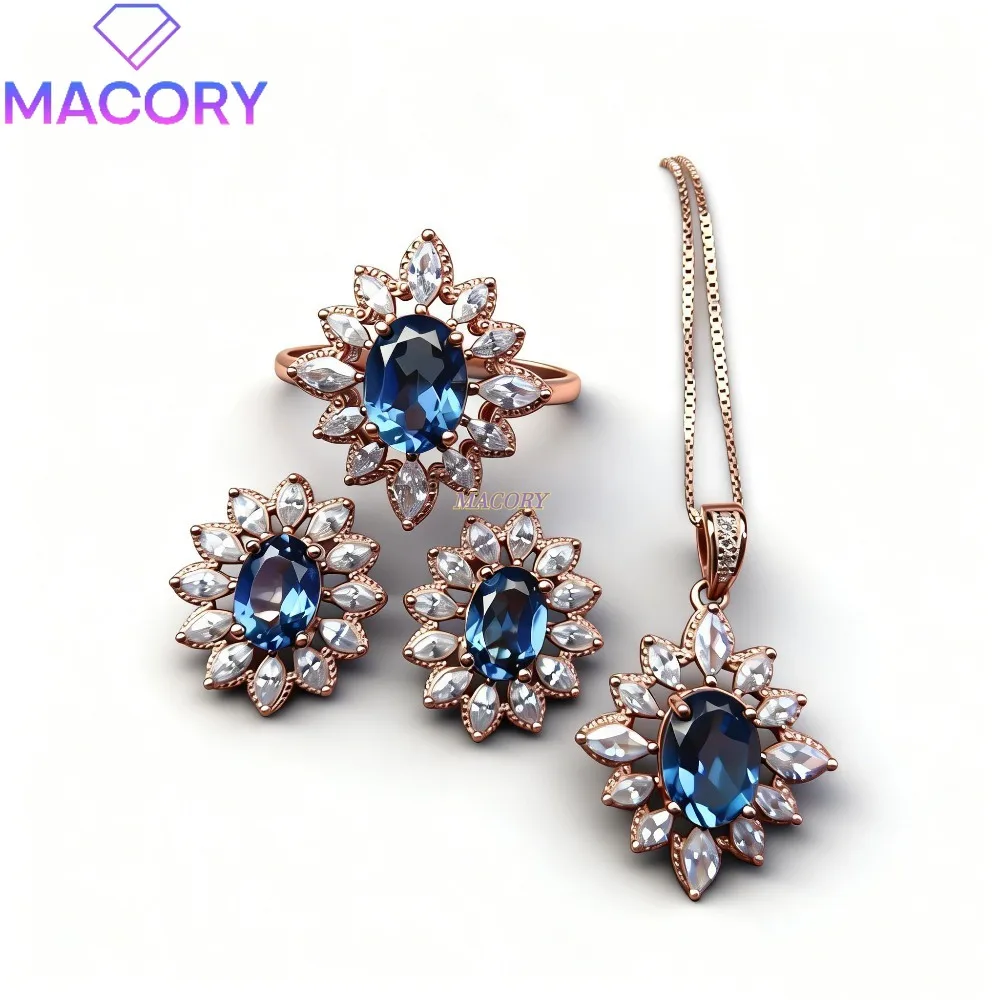 

Ladies 925 Sterling Silver Natural London Blue Topaz Jewellery Set Exquisite Three-Piece Luxury Elegant Delicate Jewellery Set