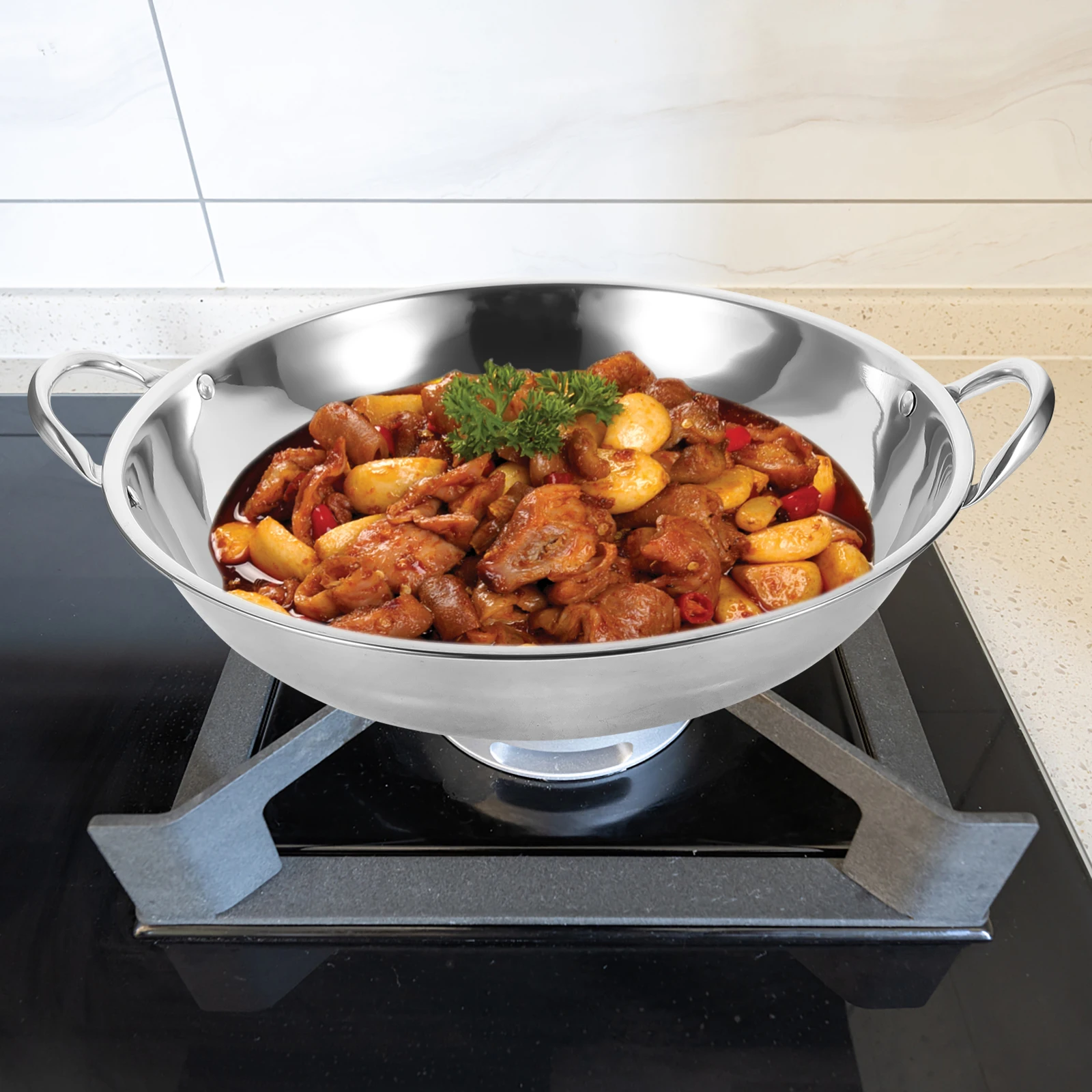

Anti-spill Pan 33cm Stainless Steel Wok Cooking with Handle for Hot Dry Pot Energy-saving Durable Heat-resistant Safe