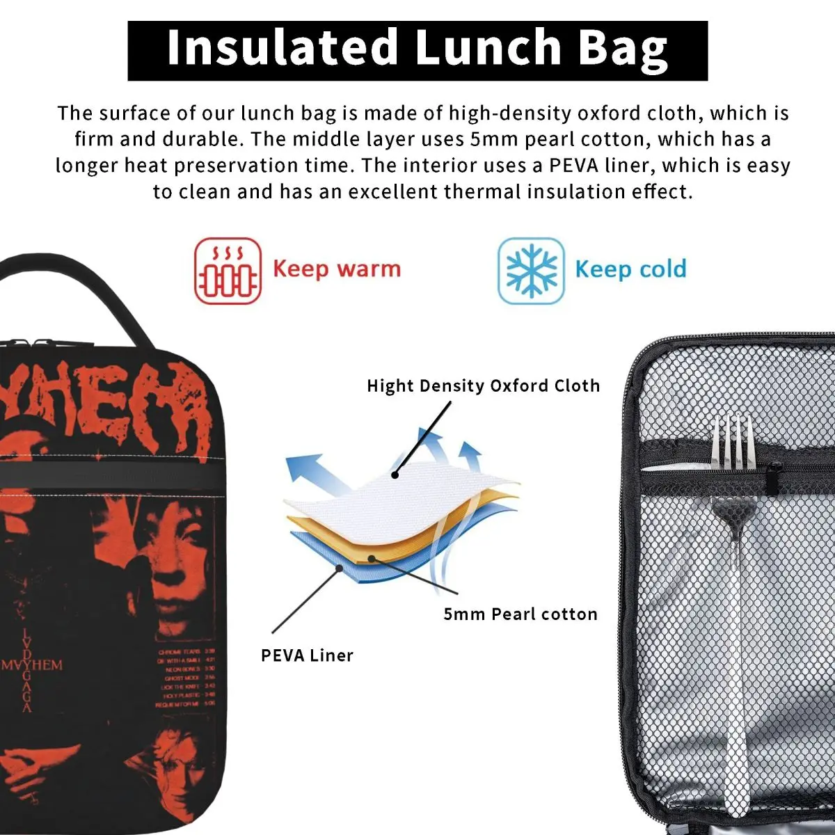 Gaga Mayhem 2025, Lunchtasche für Mädchen, bedruckt, Lunchbox, lässig, Reise-Kühltasche, tragbar, isoliert, Oxford-Tragetasche, Lebensmitteltaschen