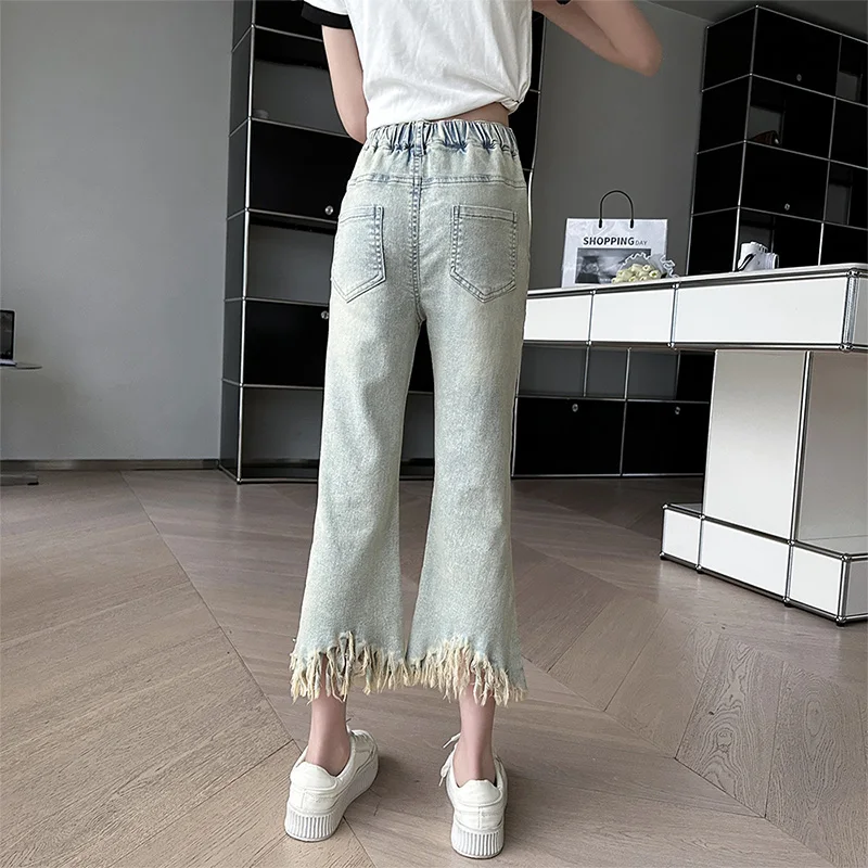 High Fashion Kids Girl Summer Bootcut Cropped Jeans with Pearl Tassels Teens Child Vintage Light Blue Ankle Flared Denim Pants