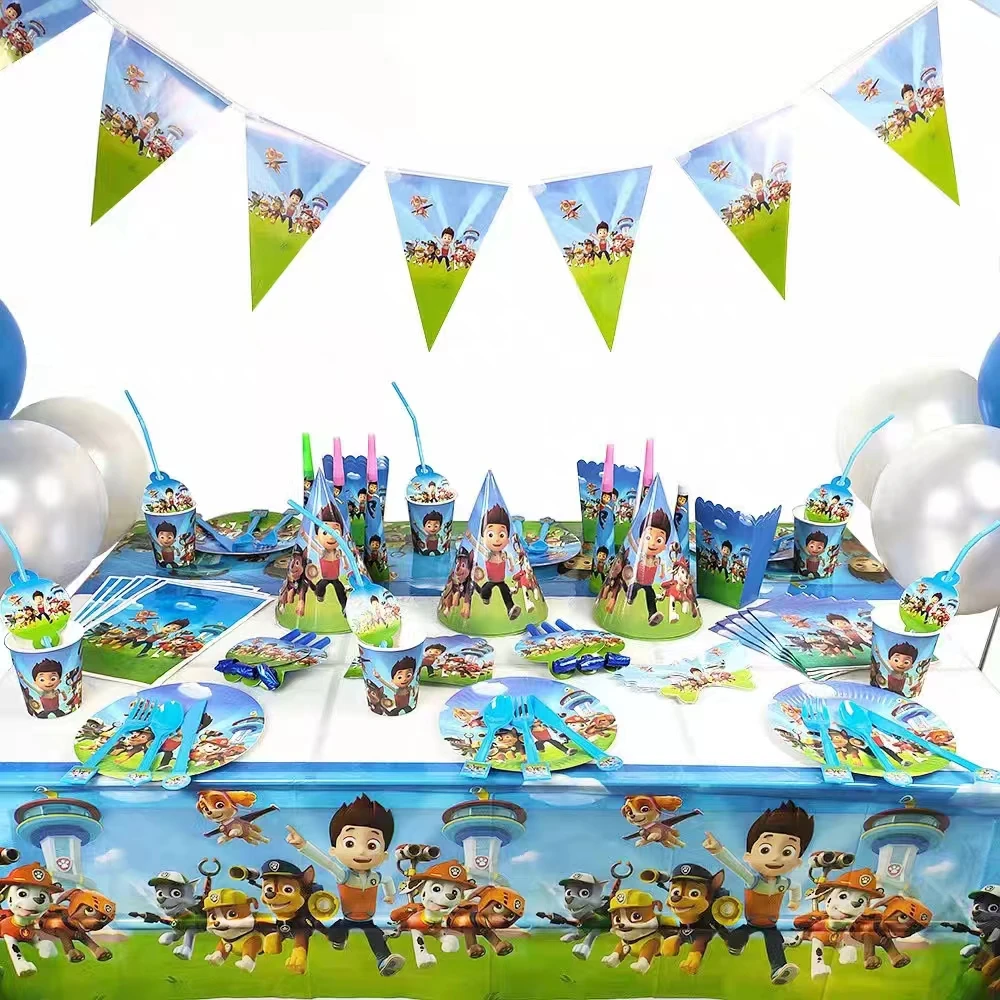 Decoración de cumpleaños de la patrulla canina para niños, globos temáticos, juego de vajilla para fiesta de cumpleaños, vasos, platos, suministros