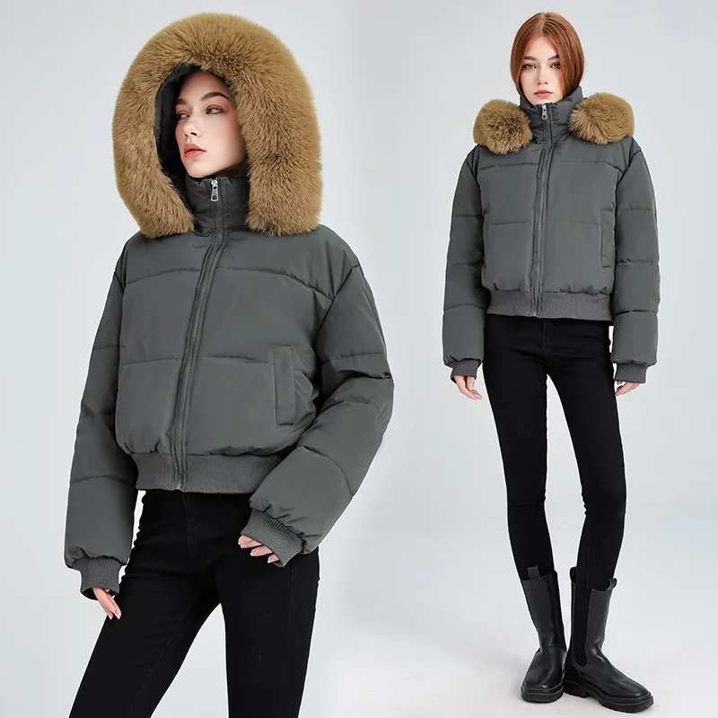 

FL Simple Solid Color Short Parka Coat Fashionable Street Zipper Hooded Short Cotton Clothing Winter Clothes Women Jacket Women