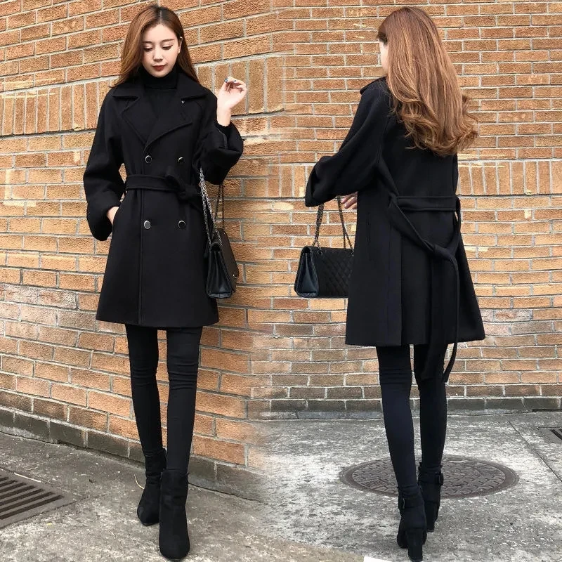 

Woolen Coat Womens 2024 Autumn Winter New Korean Loose Black Woolen Jacket Female Large Size Thick Warm Long Trench Outerwear