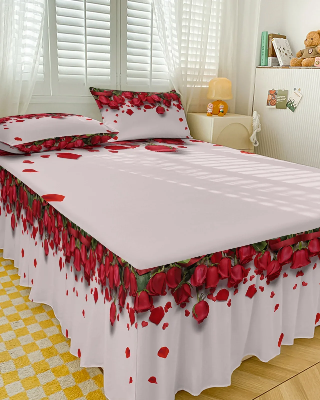 Imagem -04 - Elástica Equipada Colcha com Fronhas Saia de Cama Flor Rosa Vermelha Capa de Colchão Cama Protetor Folha