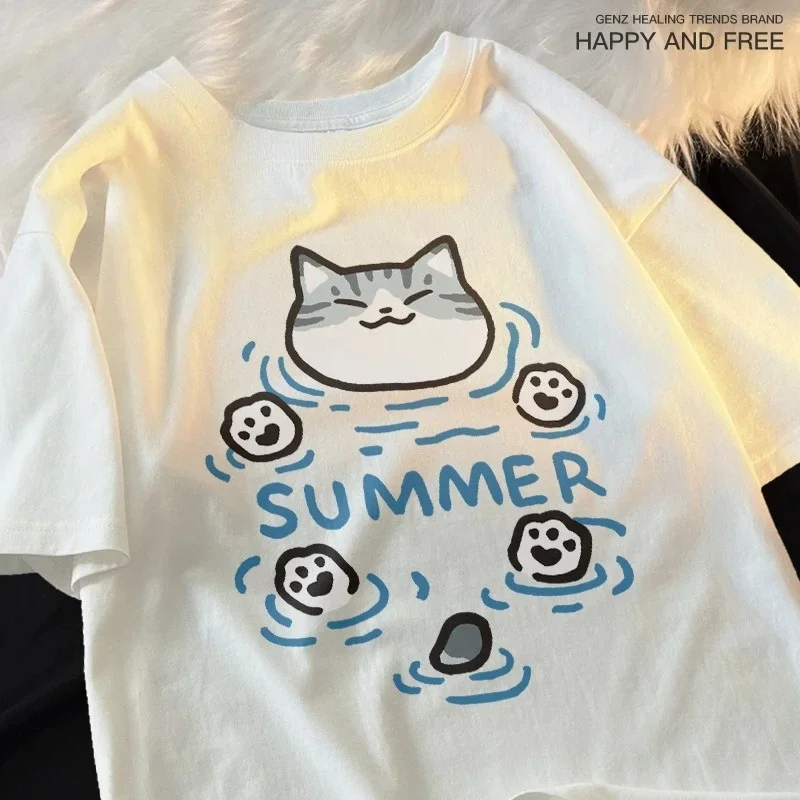 

Floating cat and dog original juice dog beauty short sleeve T-shirt for women, loose and breathable summer style
