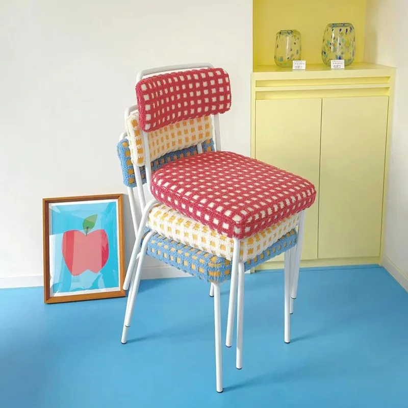 ~y# Dopamine Style Dining Chair Blue Waffle Texture French Retro Upholstered Seat for Home Makeup and Luxury Decor`%