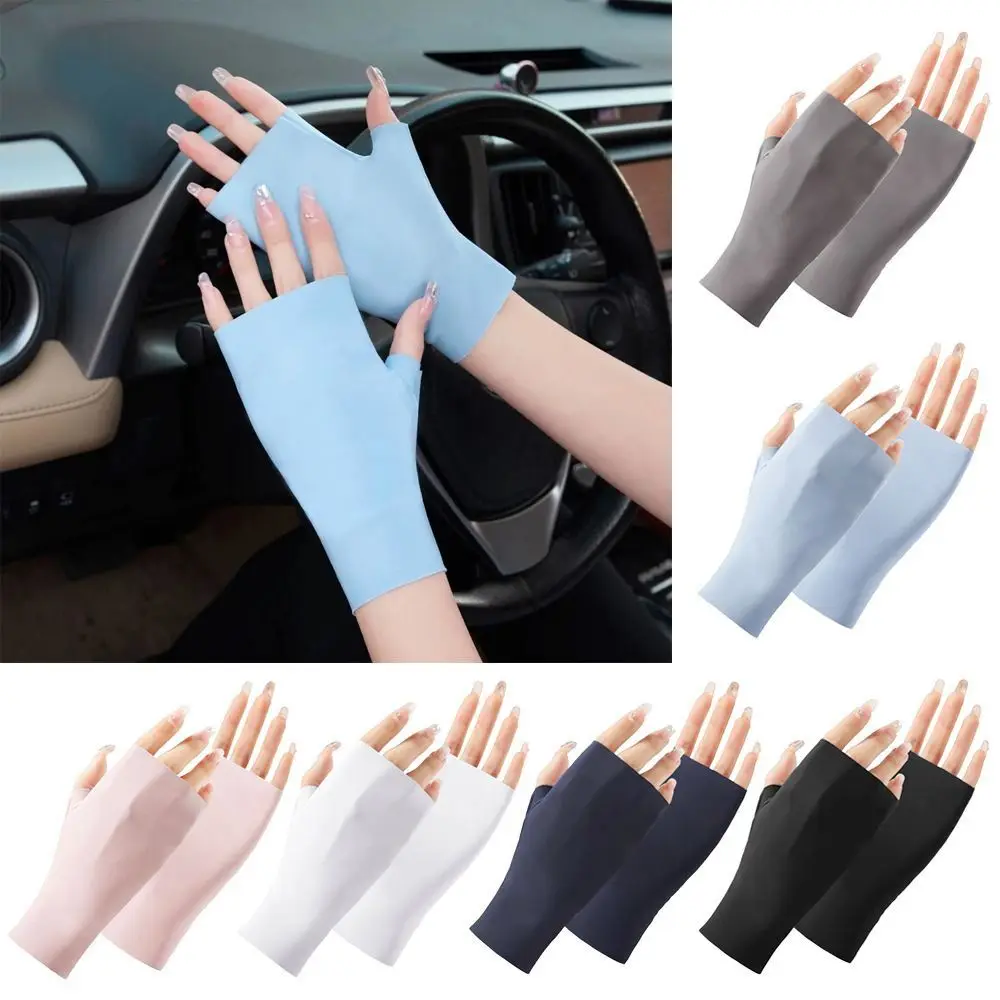 Fashion Pure Color Sun Protection Gloves Breathable Thin Anti-uv Fingerless Gloves Driving Ice Glove Summer