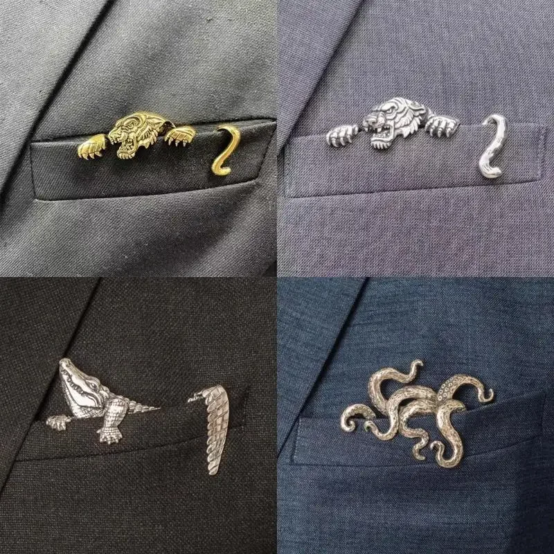 Durable Zinc Alloy Vintage Crocodile Tiger Shaped Engraved Men's Suit Lapel Pin Classic Formal Accessory Pins For Men Suits view 4