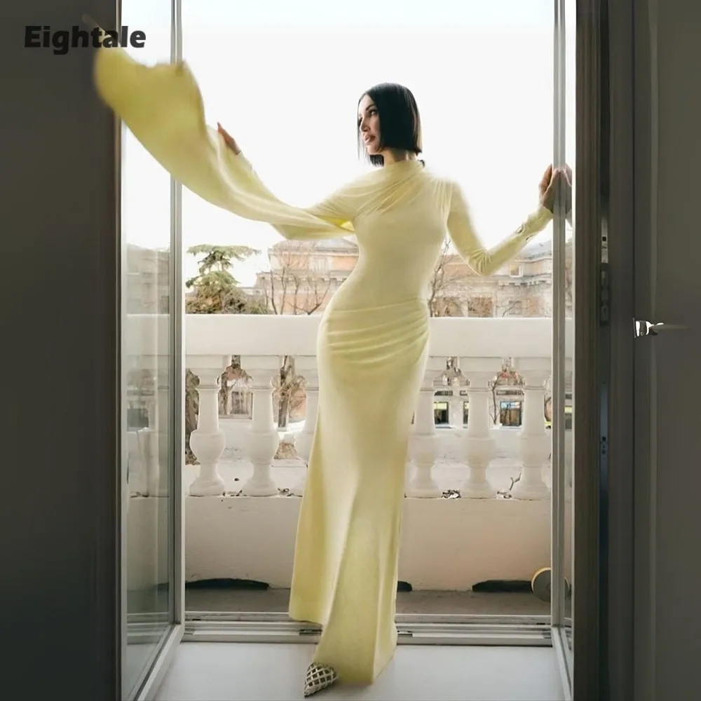 

Eightale Elegant Evening Dress for Wedding Party Halter Pleats Light Yellow Arabic Mermaid Customized Formal Prom Gowns