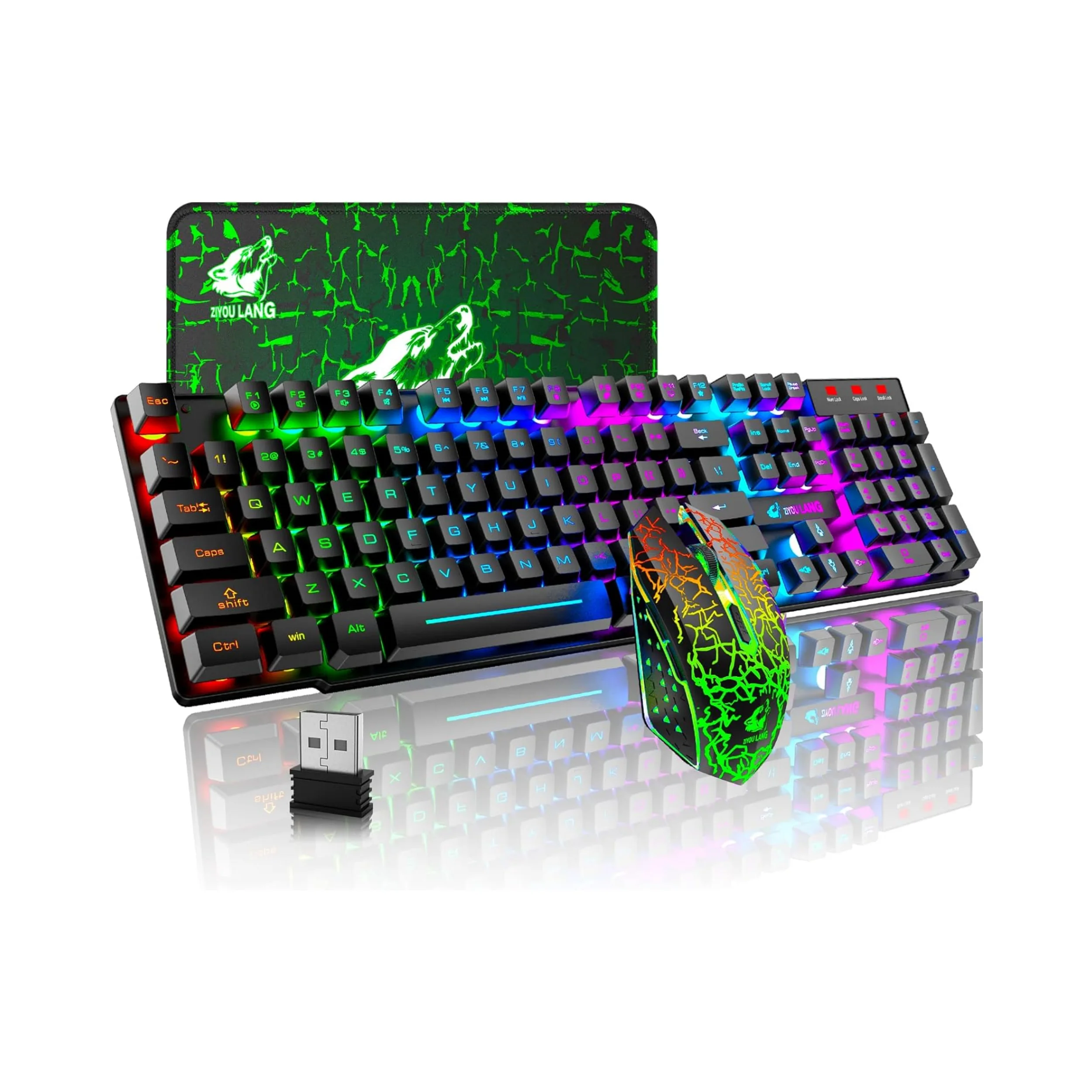 MAMNASNAKE x ZIYOU LANG T3 Wireless Gaming Keyboard and Mouse,Rechargeable Rainbow Backlit Keyboard Mouse with 3800mAh Battery