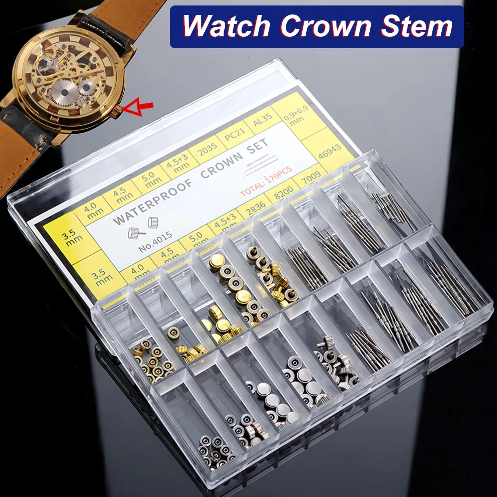 170 unids/caja piezas de corona de reloj caja de repuesto vástago de corona cúpula surtida accesorios de reloj de cabeza plana kits de herramientas de reparación con caja