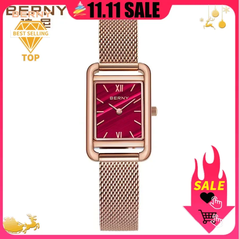 BERNY Women Quartz Watch Miyota 5Y20 Gold Rectangular Stainless Steel Top Brand Luxury Fashion Waterproof Wristwatch for Ladies