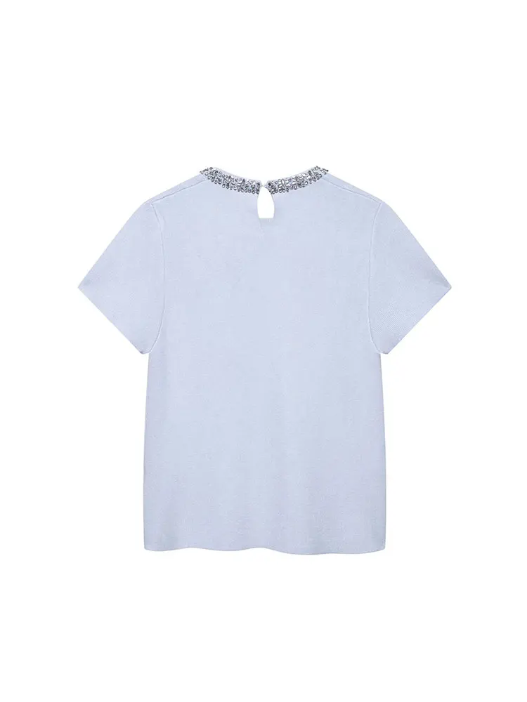 Setelan Wanita Solid Chic Kasual Musim Panas 2025 Atasan Lengan Pendek Leher-o Perhiasan Rok Ramping Mini Setelan Rajutan Fashion Baru