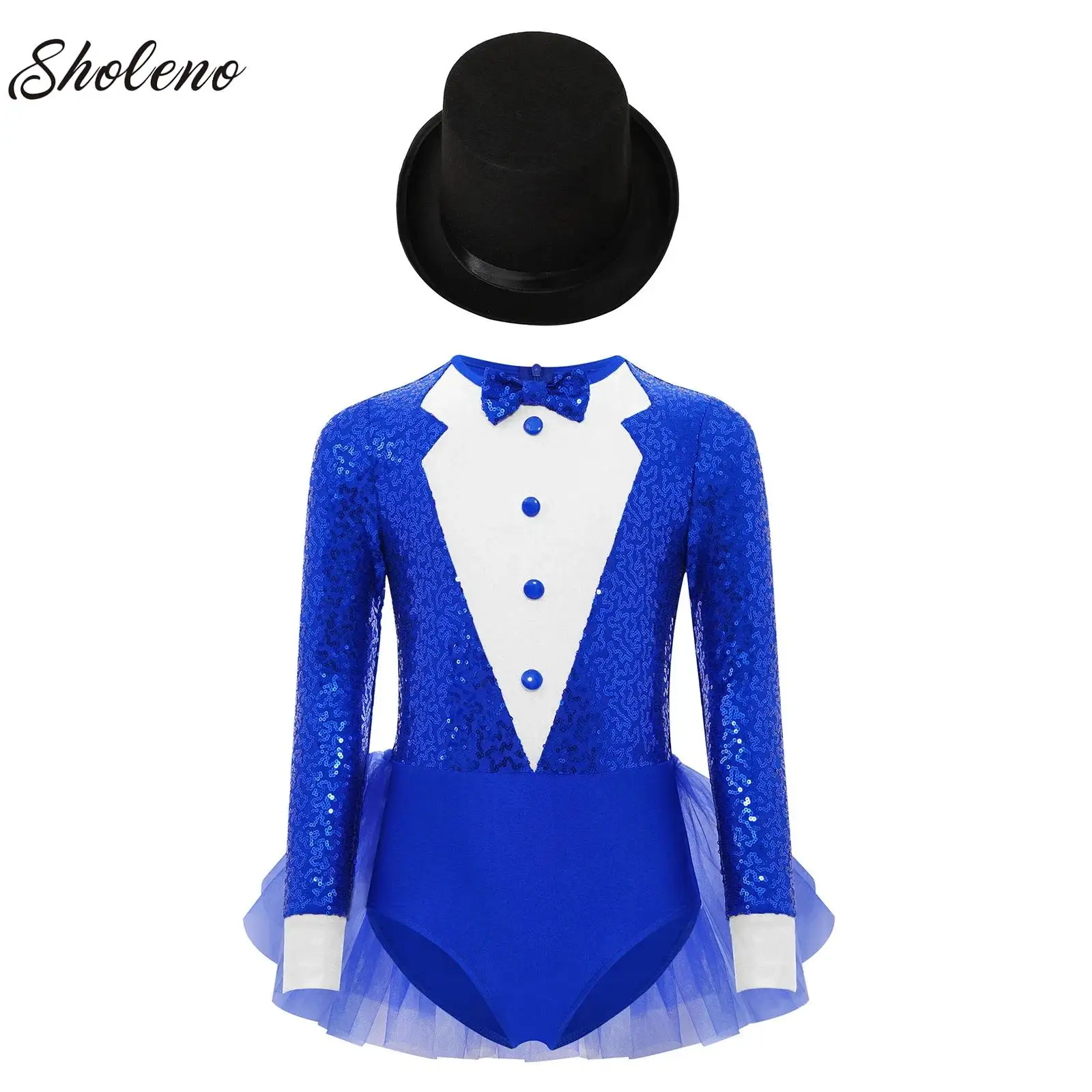 

Big Girls Shiny Sequins Circus Ringmaster Magician Jazz Costume Sequins Leotard Ballroom Dance Dress Skirted Leotard Magic Hat