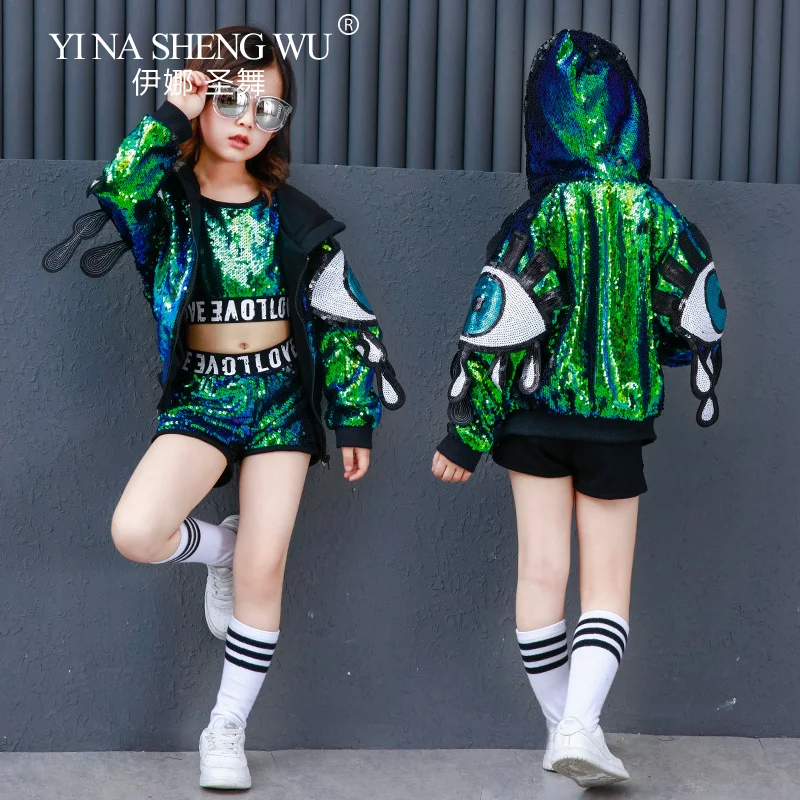 Neue Pailletten Jazz Dance Hip-hop Street Dance Set Kinder Modern Dance Auftritte Dunkelgrün Glänzende Pailletten Dance Outfit mädchen