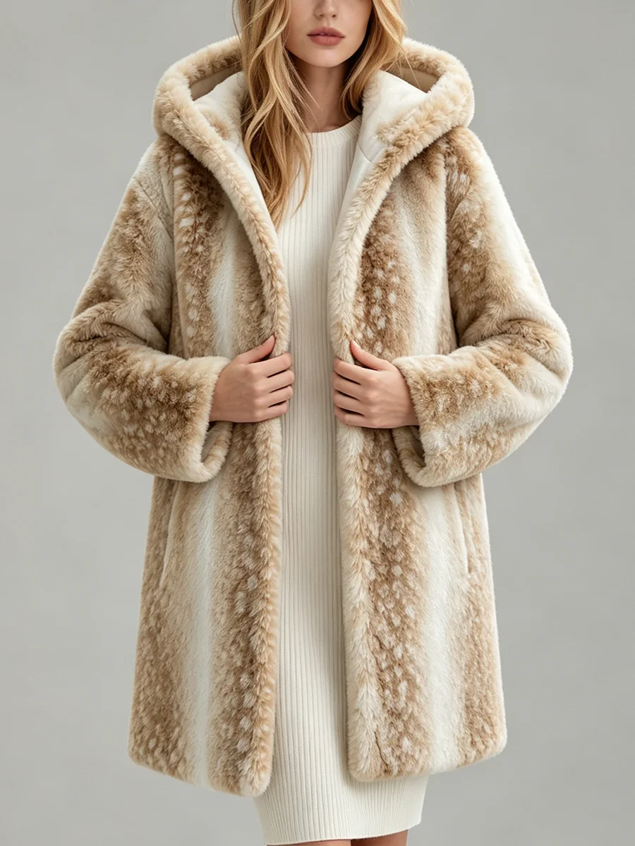 LIMO Women Hooded Faux  Fur Coat Mid-length Gradient Spotted Plush Warm Winter Overcoat