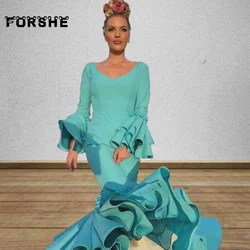 Customized Flamenca Blue Evening Dress 2025 Ruffles Sleeves Long Spanish Style Prom Dance Dresses Ceremony Party Gowns for Women