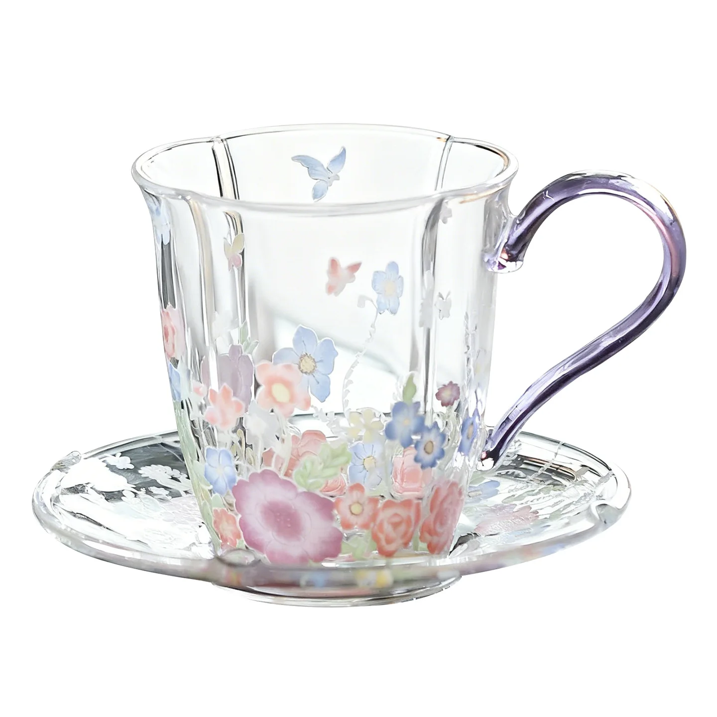 

PYH Flowering Glass Coffee Cup Saucer Set High-end Delicate Latte Cup Chinese Afternoon Set Tea Cup