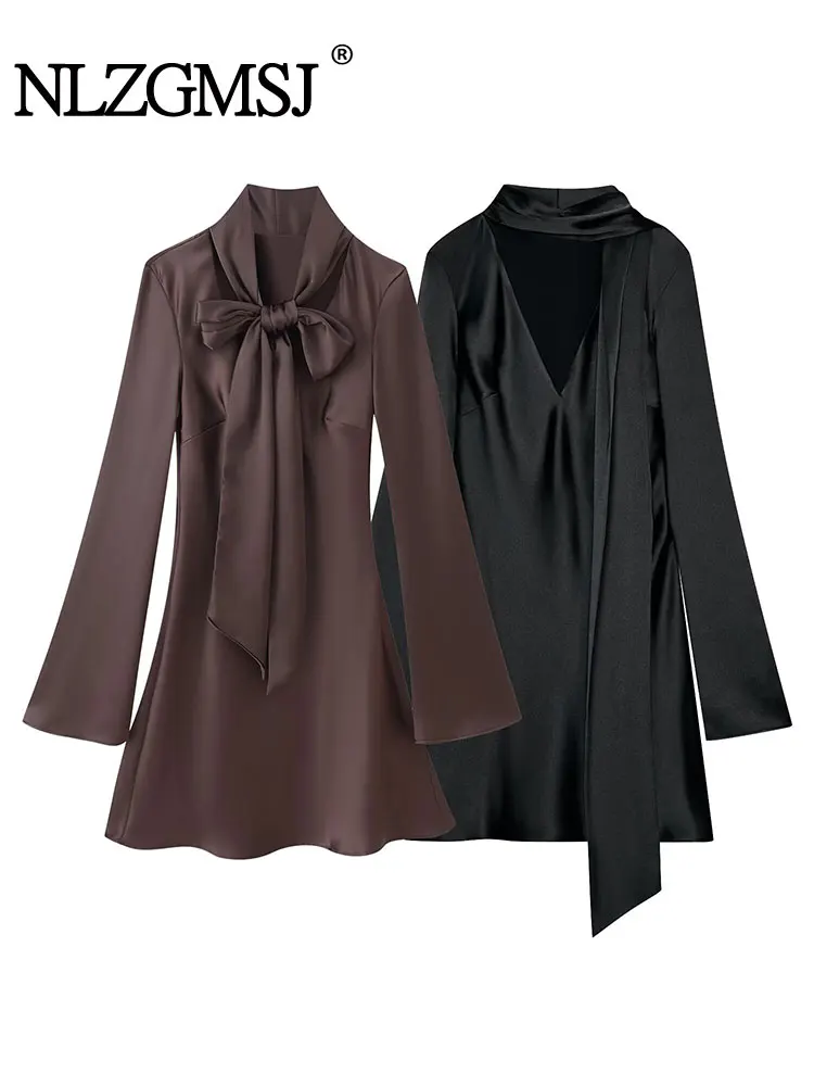 NLZGMSJ 2025, Damen-Herbst-Winter, neuer Damen-Kleidungsstil, schlicht, schmal, Satin-Passform, Seidenstruktur, Schal-Kleid
