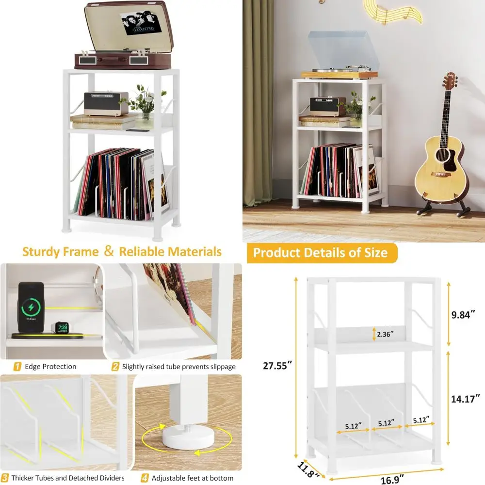 

Hosfais 3 Tier Record Player Stand, Retro Vinyl Record Storage End Table Records Shelf for Living Room Bedroom (White)