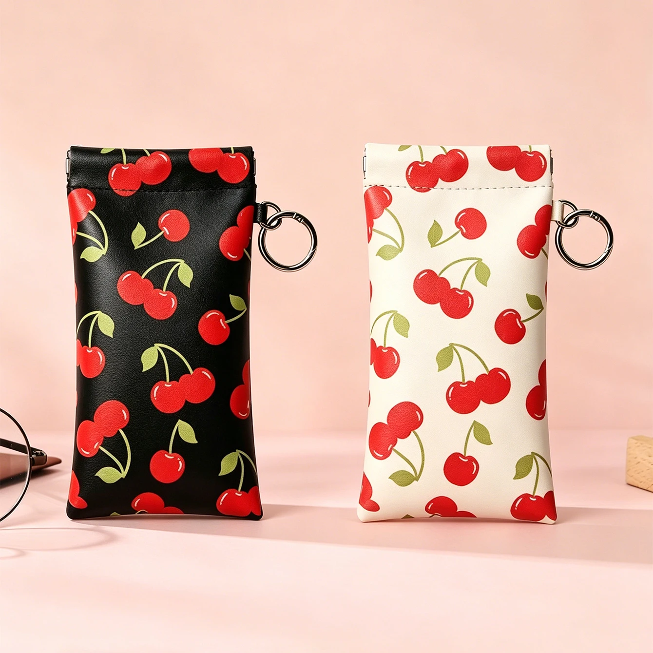 Travel Accessories Pouch For Women - 귀여운 체리 프린트 선글라스 파우치(키링 포함)